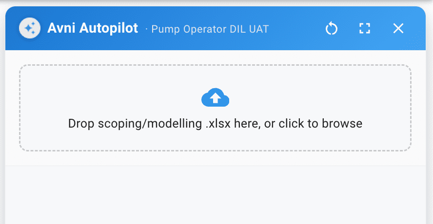 Avni Autopilot panel with a drop zone to upload the scoping/modelling specification document