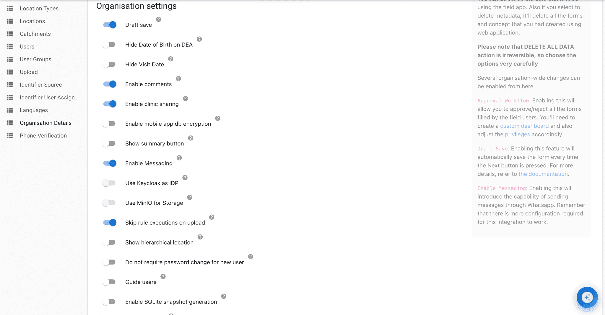 Organisation settings in the web app, with Enable clinic sharing turned on